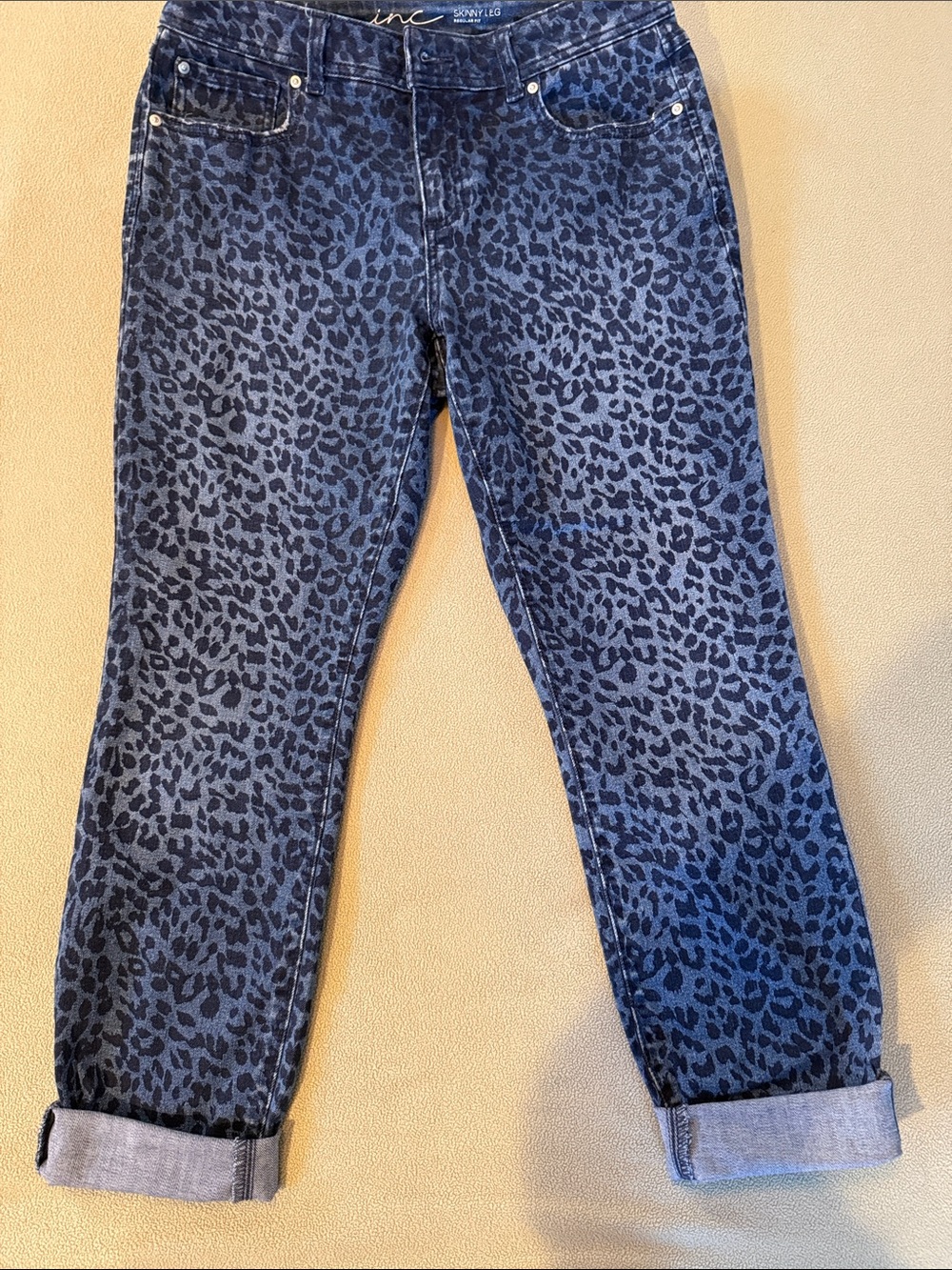 INC International Concepts Blue Leopard-Print Slim Jeans